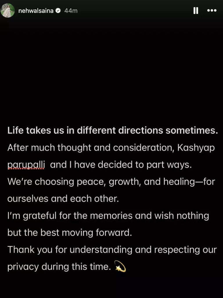 'Life takes us in different directions': Saina Nehwal announces separation from Parupalli Kashyap